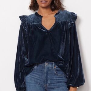 Evereve Yana Velvet Smocked Ruffled Blouse M